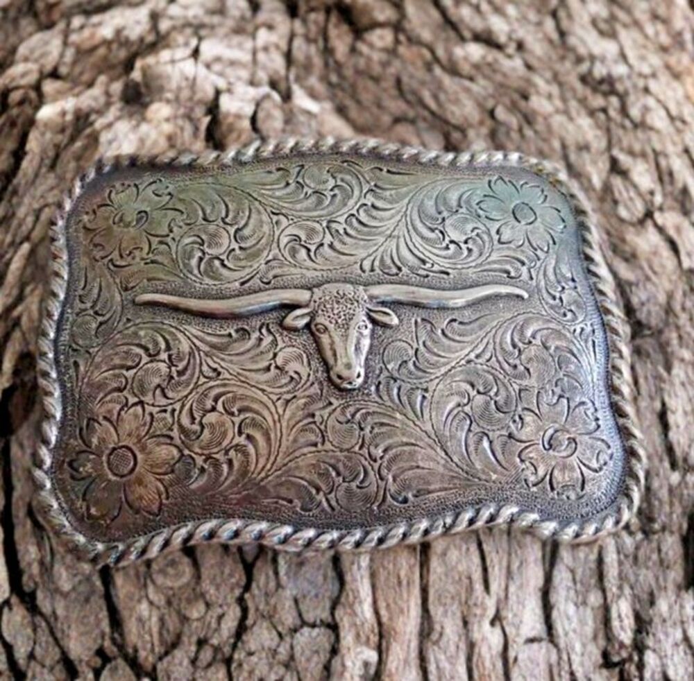 Longhorn Bull Silver Toned Western Texas Belt Buckle Embossed Floral Detail